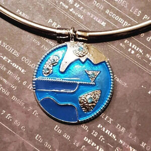 Y2K 90s Turquoise Blue Enamel Silver Crystal Pendant Choker Neckwire Necklace